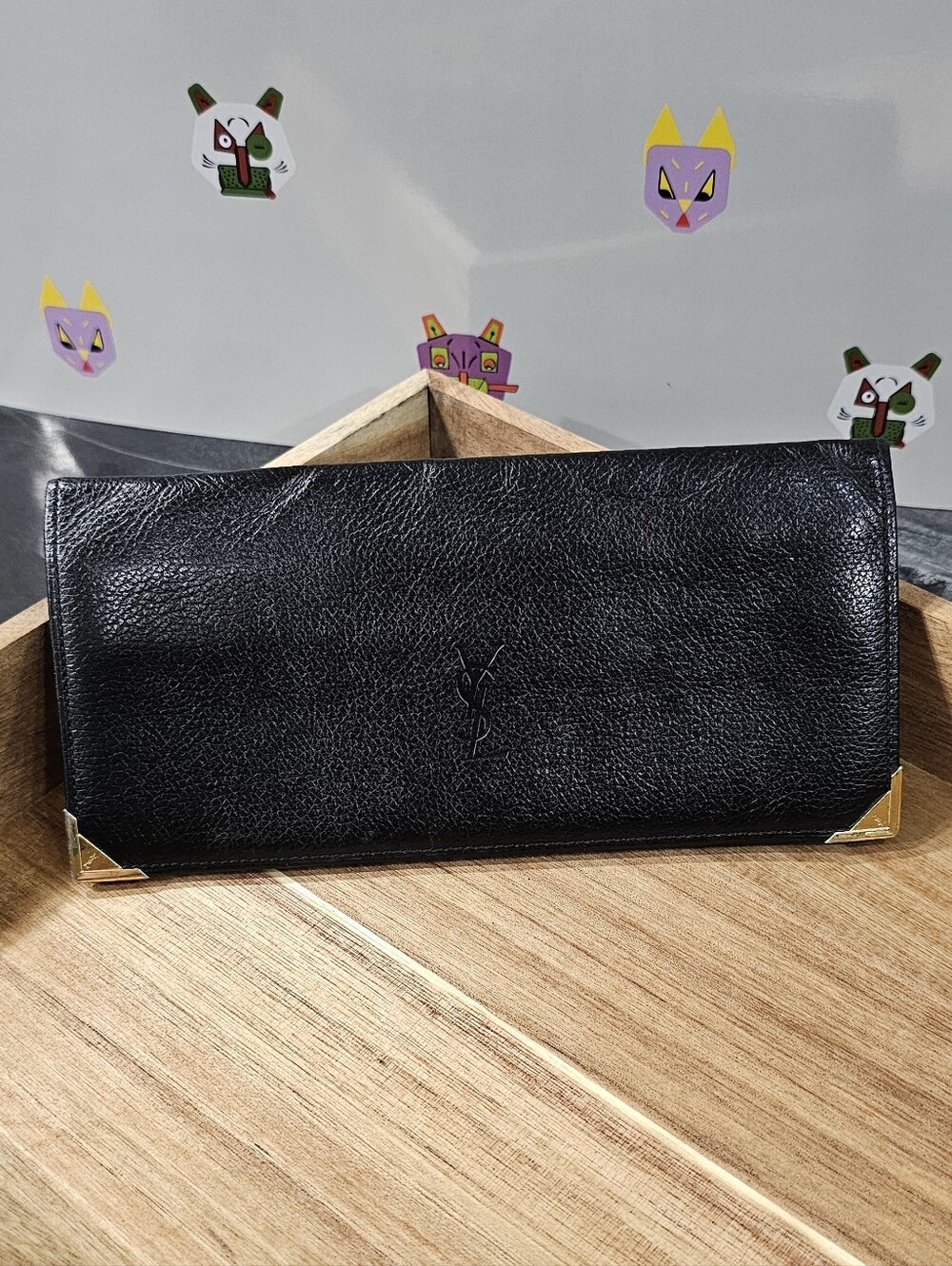 Yves Saint Laurent Black Leather Continental Wallet with Gold Corner Accents